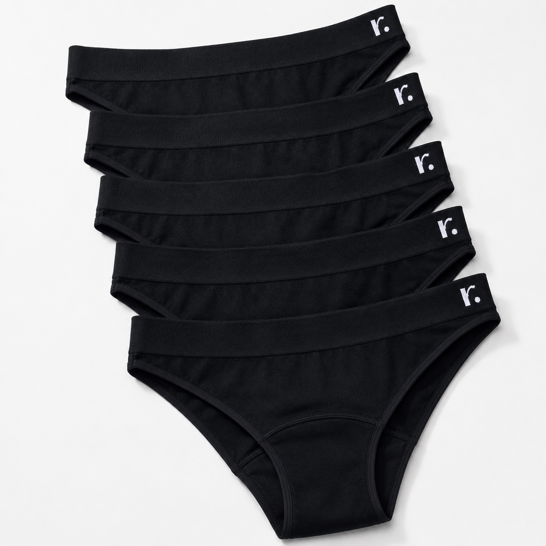 Five black Rudie briefs arranged on a white background, showing their fabric and branded waistbands.