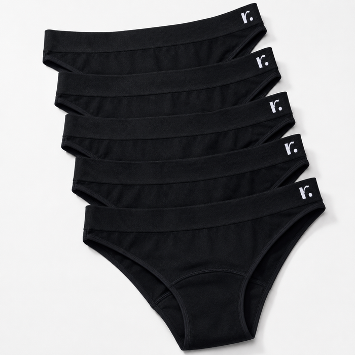 Five black Rudie briefs arranged on a white background, showing their fabric and branded waistbands.